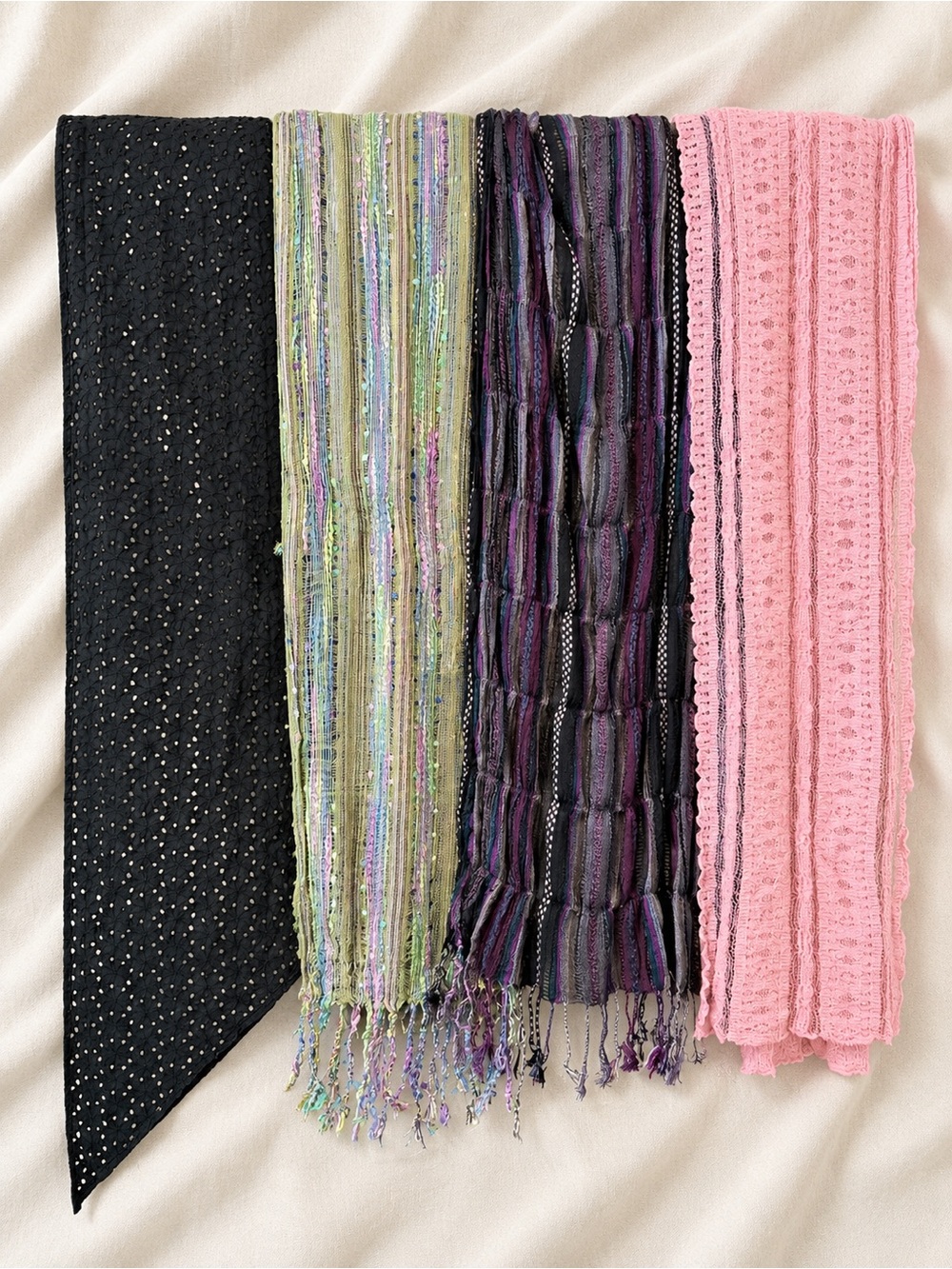 4 Piece Romantic Boho Scarf Set – Pink, Black, Green, Purple